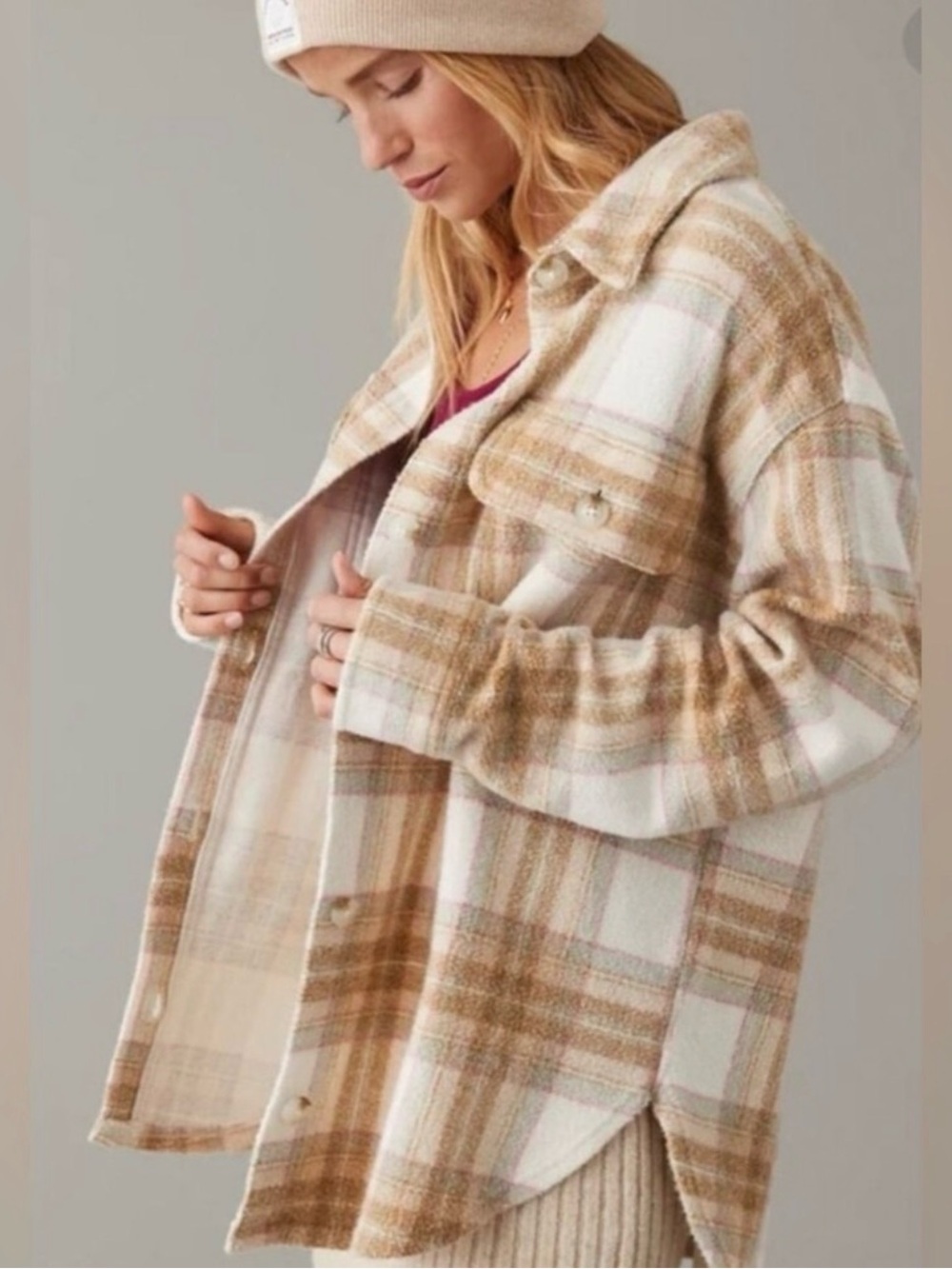 American Eagle Outfitters Cream and Tan Plaid Teddy Shacket